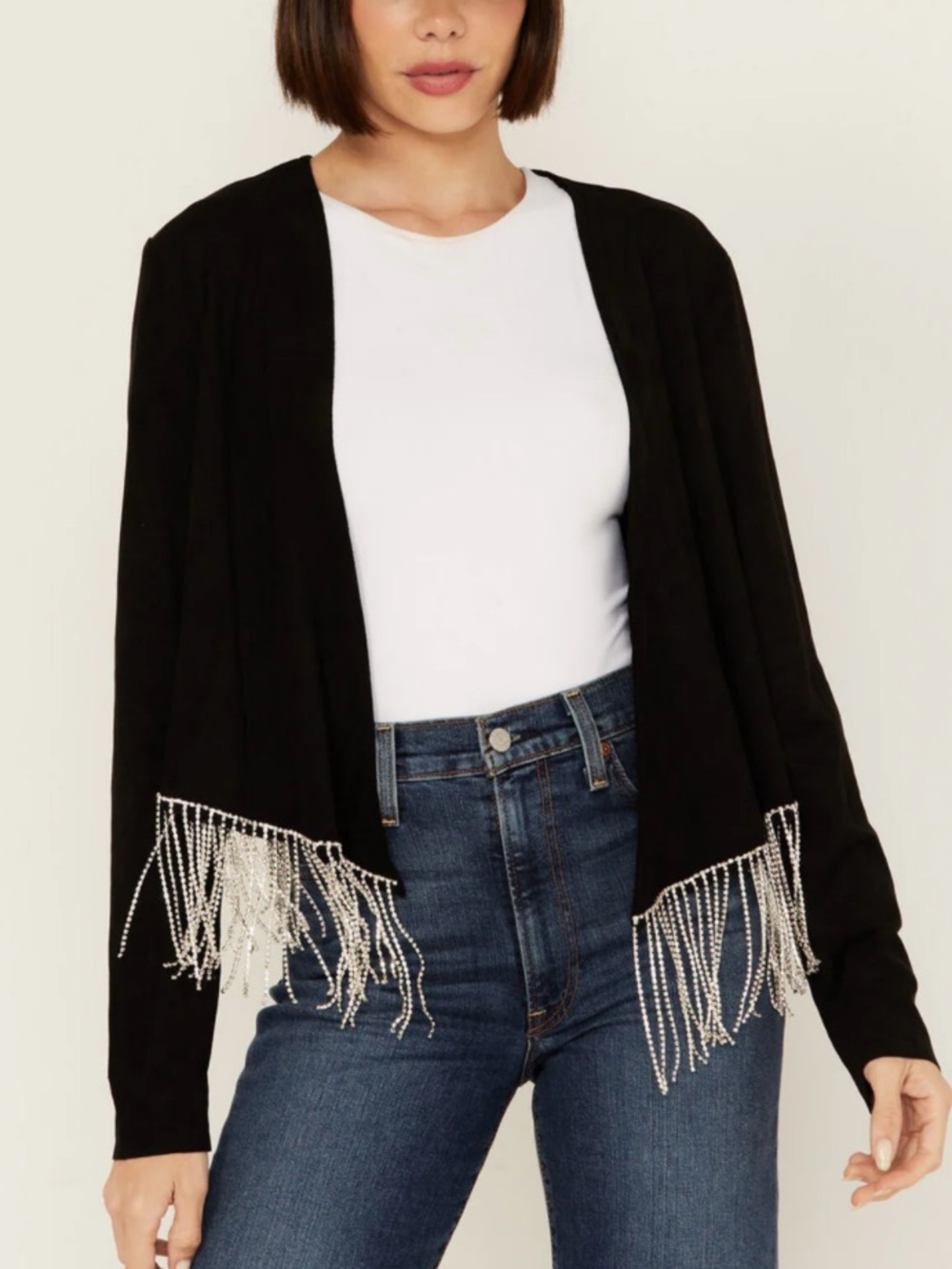 Vocal Black Suede-Look Open Cardigan with Silver Rhinestone Fringe